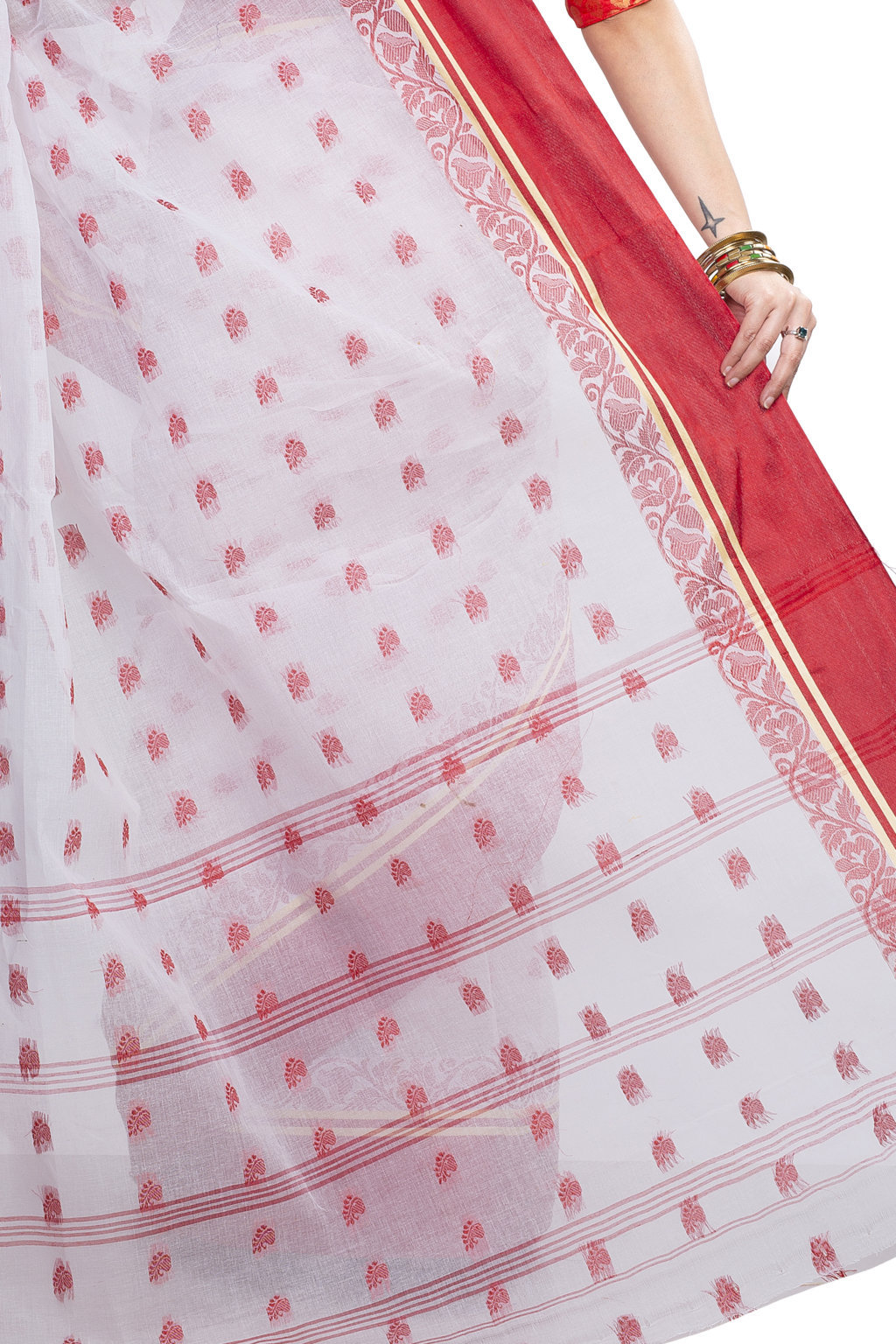 White Red Pure Cotton Sukla_Velvet Tant Saree (800)